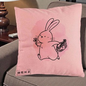 Perna Decorativa Iepuras Kawaii cu Cosulet Floral, 40x40 cm, Roz, Husa Detasabila, Perna Inclusa, BEKZ®