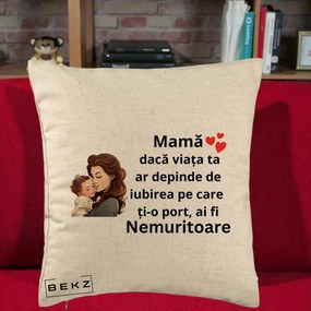 Cadou pentru Mama - Perna Personalizata Mama Nemuritoare cu Bebelus Lineart, 40x40 cm, Bej, Husa Detasabila, Perna Inclusa, BEKZ®