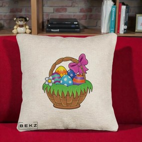 Perna Decorativa Cos cu Oua de Pasti Colorat, 40x40 cm, Bej Canapea, Husa Detasabila, Perna Inclusa, BEKZ®