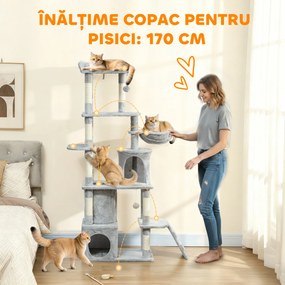 Pawhut Ansamblu de joacă pentru Pisici de 170 cm cu 7 Stâlpi Zgâriători, 2 Căsuțe, Hamac, Gri Deschis | Aosom Romania