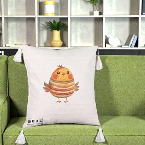 Perna Decorativa Pui Kawaii Portocaliu Dungi Calde, 40x40 cm, Bej cu Franjuri, Husa Detasabila, Perna Inclusa, BEKZ®
