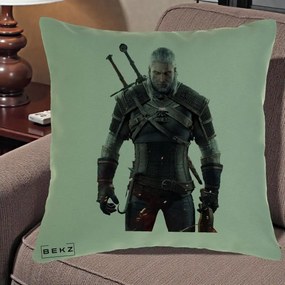 Perna Personalizata The Witcher Geralt of Rivia Portret, 40x40 cm, Verde, Husa Detasabila, Perna Inclusa, BEKZ®