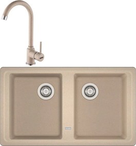 Set chiuveta bucatarie compozit Franke Basis Avena 2 cuve fara picurator 86x50 cm finisaj bej mat cu baterie Pola