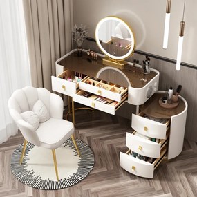 Set Lucia Premium, Masă de toaletă pentru machiaj, incarcare Wireless+USB+USB C, difuzor Bluetooth, oglindă iluminată LED, control touch, trei tipuri culoare, 6 sertare, scaun, 100 cm