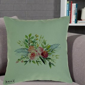 Perna Decorativa Buchet Flori Acuarela Roz-Verde, 40x40 cm, Verde, Husa Detasabila, Perna Inclusa, BEKZ®
