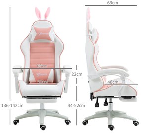 Vinsetto Scaun de Gaming Ergonomic cu Urechi de Iepure și Suport pentru Picioare Extensibil, 65x63x136-142 cm, Roz | Aosom Romania