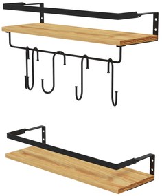 HOMCOM Set de 2 rafturi murale cu 6 cârlige detașabile și trăgaci, stil industrial pentru bucătărie, baie, lemn oțel | Aosom Romania