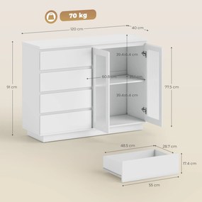 HOMCOM Bufet din Lemn cu 4 Sertare și Dulap cu Uși de Sticlă și Rafturi Reglabile, 120x40x91 cm, Alb | Aosom Romania