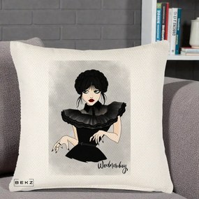 Perna Personalizata Wednesday Addams Portret Gotic, 40x40 cm, Crem Reliefat, Husa Detasabila, Perna Inclusa, BEKZ®