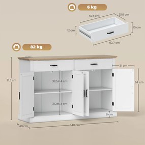 HOMCOM Bufet cu port USB și priză multiplu, mobilă TV cu 2 dulapuri cu uși de fermă, 2 sertare și rafturi ajustabile, alb | Aosom Romania