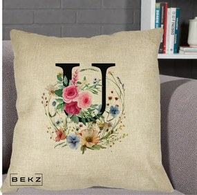 Cadou Personalizat - Perna Personalizata Monogram Litera U cu Flori Acuarela, 40x40 cm, Crem, Husa Detasabila, Perna Inclusa, BEKZ®