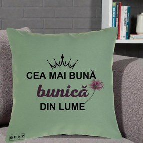 Cadou pentru Bunica - Perna Personalizata Cea Mai Buna Bunica Din Lume Coroana Mov Floare Roz, 40x40 cm, Verde, Husa Detasabila, Perna Inclusa, BEKZ®