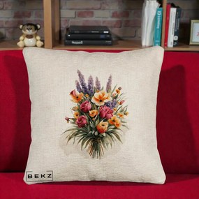 Perna Decorativa Buchet Mixt Acuarela Lavanda-Trandafiri, 40x40 cm, Bej Canapea, Husa Detasabila, Perna Inclusa, BEKZ®