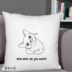 Perna Decorativa And What Do You Want Cat, 40x40 cm, Alb Pufos, Husa Detasabila, Perna Inclusa, BEKZ®