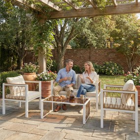 Outsunny Set mobilier grădină 4 piese Polyrattan lounge cu canapea 2 locuri, 2 fotolii, masă cu sticlă, perne detașabile, saltea antiderapantă | Aosom Romania