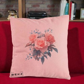 Perna Decorativa Trandafiri Roz cu Floricele Albastre, 40x40 cm, Roz, Husa Detasabila, Perna Inclusa, BEKZ®