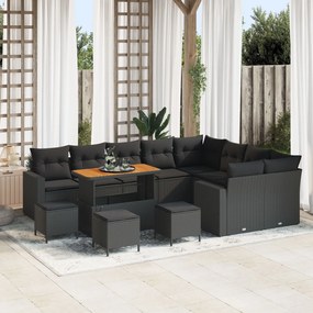 vidaXL Set de canapea pentru grădină , 12 piese cu perne, Negru, Ratan Polimeric, Acacia.