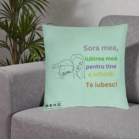 Cadou pentru Sora - Perna Personalizata Sora Mea Te Iubesc Line Art Fete Colorate Brate Ridicate, 40x40 cm, Verde Menta, Husa Detasabila, Perna Inclusa, BEKZ®