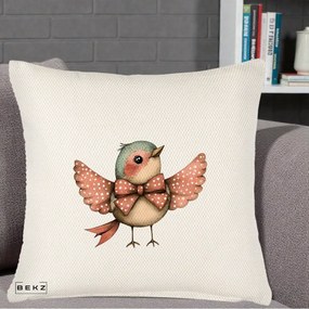 Perna Decorativa Pasare Roz cu Aripi si Fundita, 40x40 cm, Crem Reliefat, Husa Detasabila, Perna Inclusa, BEKZ®