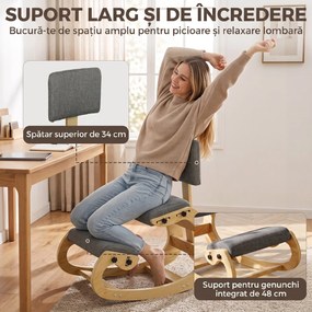 HOMCOM Scaun Ergonomic pentru Genunchi cu Spatar, Balansoar, Postural, In si Lemn Mesteacan, Gri | Aosom Romania