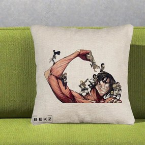 Perna Personalizata Attack on Titan Eren Titan Grup, 40x40 cm, Bej Canapea, Husa Detasabila, Perna Inclusa, BEKZ®