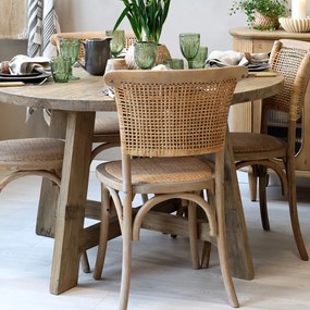 Masă dining rotundă din lemn reciclat, natur, 4–5 locuri, cu patru picioare legate în cruce, 76 x 120 cm, „Lourmarin”