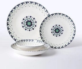 Set de masă din porțelan, 24 piese, alb/albastru