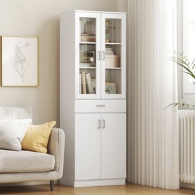 HOMCOM Bufet înalt pentru bucătărie, dulap de bucătărie, 4 uși dintre care 2 din sticlă, sertare, etajere reglabile, 60x35x180cm, alb | Aosom Romania