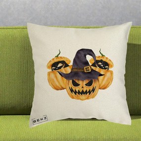 Perna Decorativa Trio Dovleci Jack-o-Lantern cu Palarie Vrajitoare, 40x40 cm, Ecru, Husa Detasabila, Perna Inclusa, BEKZ®