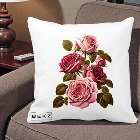 Perna Decorativa Trandafiri Vintage Roz-Rosii, 40x40 cm, Alba Mata, Husa Detasabila, Perna Inclusa, BEKZ®