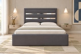Pat tapițat din catifea Noren 160×200 cm, gri închis, detalii argintii, cu ladă de depozitare
