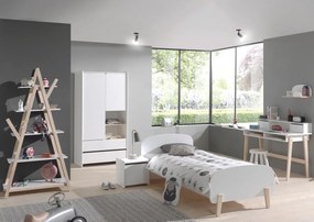 Set Complet Mobilier Kiddy pentru Camera Copii – Pat 90x200 cm, Noptieră, Dulap 2 Uși, Birou și Bibliotecă – Alb – Vipack