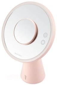 Smart Moon LED oglindă cosmetică iluminată, mărire 10x, lumină caldă / neutră / rece, luminozitate reglabilă, difuzor Bluetooth, roz