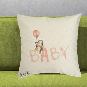 Perna Personalizata Baby Pinguin Roz, 40x40 cm, Ecru, Husa Detasabila, Perna Inclusa, BEKZ®