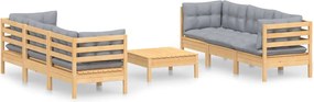 vidaXL Set mobilier grădină cu perne gri, 7 piese, lemn masiv de pin