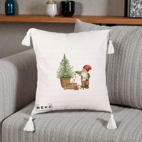 Perna Decorativa Pitic de Craciun cu Brad, 40x40 cm, Bej cu Franjuri, Husa Detasabila, Perna Inclusa, BEKZ®