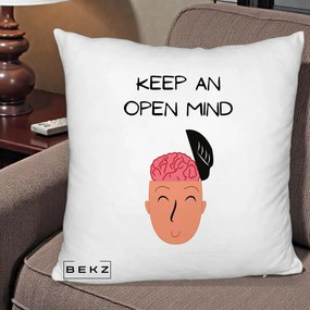 Perna Decorativa Keep An Open Mind, 40x40 cm, Alb Pufos, Husa Detasabila, Perna Inclusa, BEKZ®