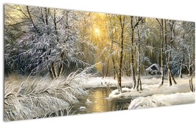 Tablou - Cabană în pădure, pictură în uei (120x50 cm)