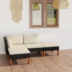 Set mobilier de gradina cu perne, 4 piese, negru, poliratan Negru, Canapea de centru + canapea de colt + suport pentru picioare, 4