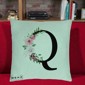 Cadou Personalizat - Perna Personalizata Monograma Florala Litera Q, 40x40 cm, Verde Menta, Husa Detasabila, Perna Inclusa, BEKZ®