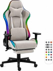 Scaun Gaming cu RGB, Iluminare LED Multicolor, Telecomanda, Cotiere 3D, Reclinare 180°, Suport Picioare, Catifea, Gri