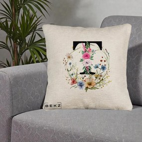 Cadou Personalizat - Perna Personalizata Monogram Litera T cu Flori Acuarela, 40x40 cm, Bej Canapea, Husa Detasabila, Perna Inclusa, BEKZ®