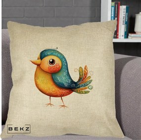 Perna Decorativa Pasare Folk Art Portocalie-Teal, 40x40 cm, Crem, Husa Detasabila, Perna Inclusa, BEKZ®
