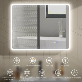 HOMCOM Oglindă de baie LED bluetooth 70 x 90 cm interruptor tactil lumină reglabilă 3 culori anti-abur memorie argintiu | Aosom Romania