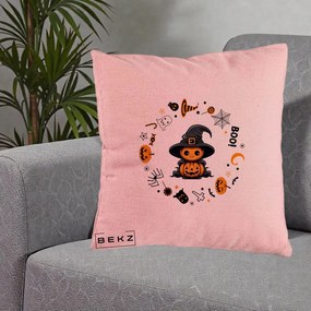 Perna Decorativa Halloween Dovleac Vrajitor Boo cu Simboluri, 40x40 cm, Roz, Husa Detasabila, Perna Inclusa, BEKZ®