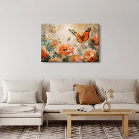 Tablou - Fluture și flori, pictură în ulei (90x60 cm)