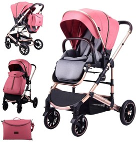 Carucior 3 in 1 reversibil, compact și pliabil, cu geanta inclusa, 0-36 luni - CPC-64-roz inchis