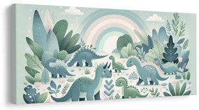 Tablou peisaj cu dinozauri sub curcubeu pastelat