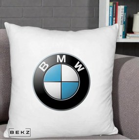 Perna Personalizata cu emblema BMW, 40x40 cm, Alb Pufos, Husa Detasabila, Perna Inclusa, BEKZ®