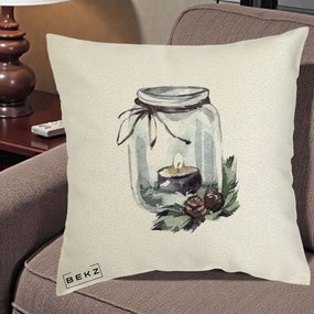Perna Decorativa Felinar cu Lumanare si Conuri, 40x40 cm, Ecru, Husa Detasabila, Perna Inclusa, BEKZ®